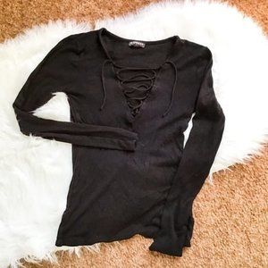 Express Black Plunge V  Lace Up Long Sleeve Tight Fitted Top